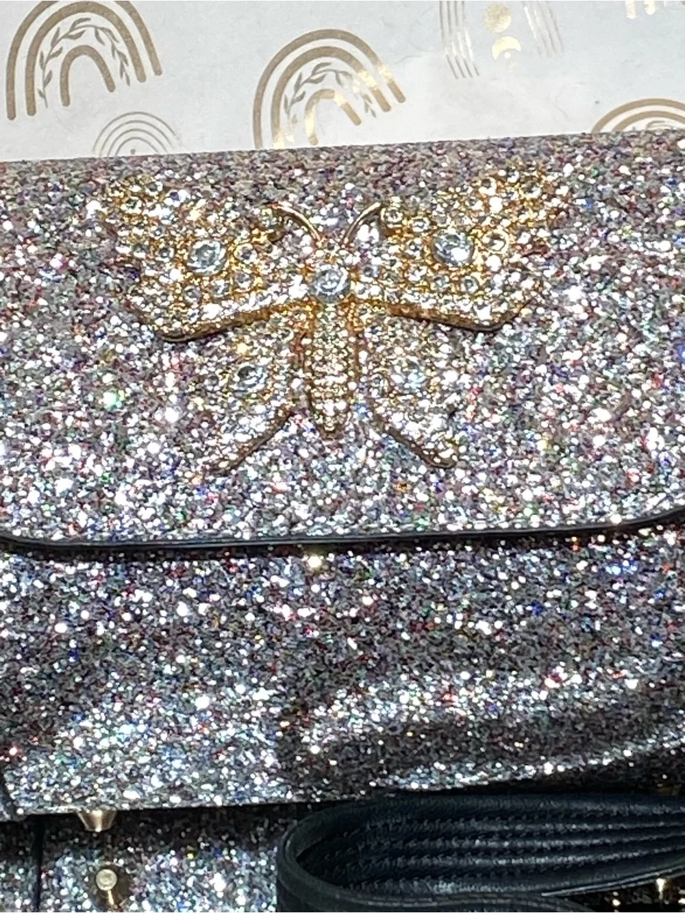 Silver Glitter Bow Crossbody Bag with Black Strap